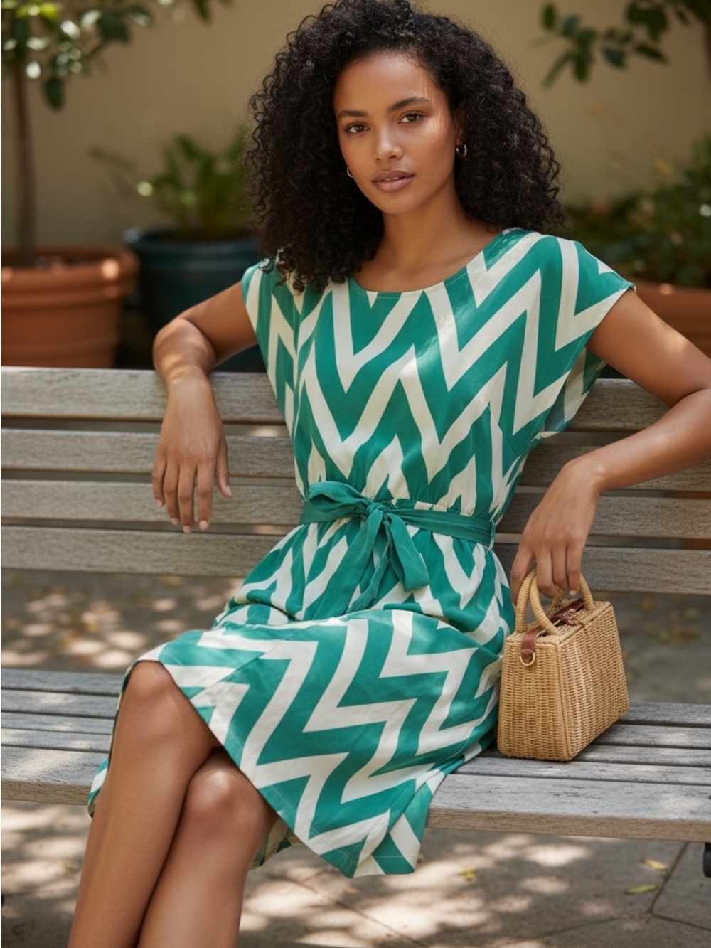 Charlotte Russe Chevron Dress XL Teal White Zig Zag Belted Shift Dress